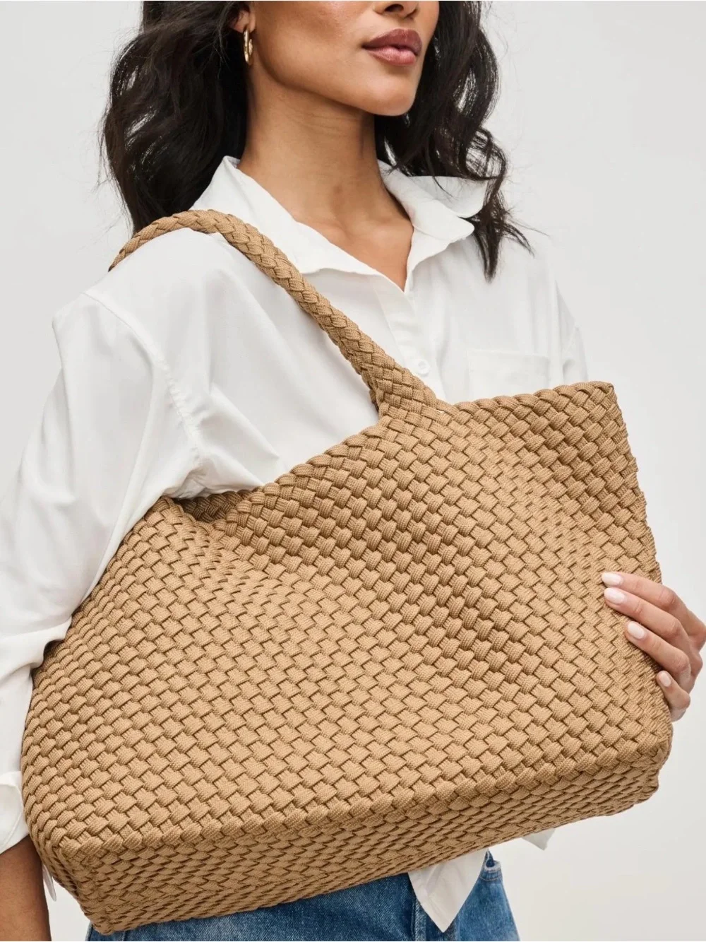 NWT Sol and Selene Sky's the Limit Large Woven Tote Bag Nude Tan